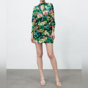 Zara Women's Green Floral Multi Print Mini Dress, Bow Detail, Neck Choker, XS